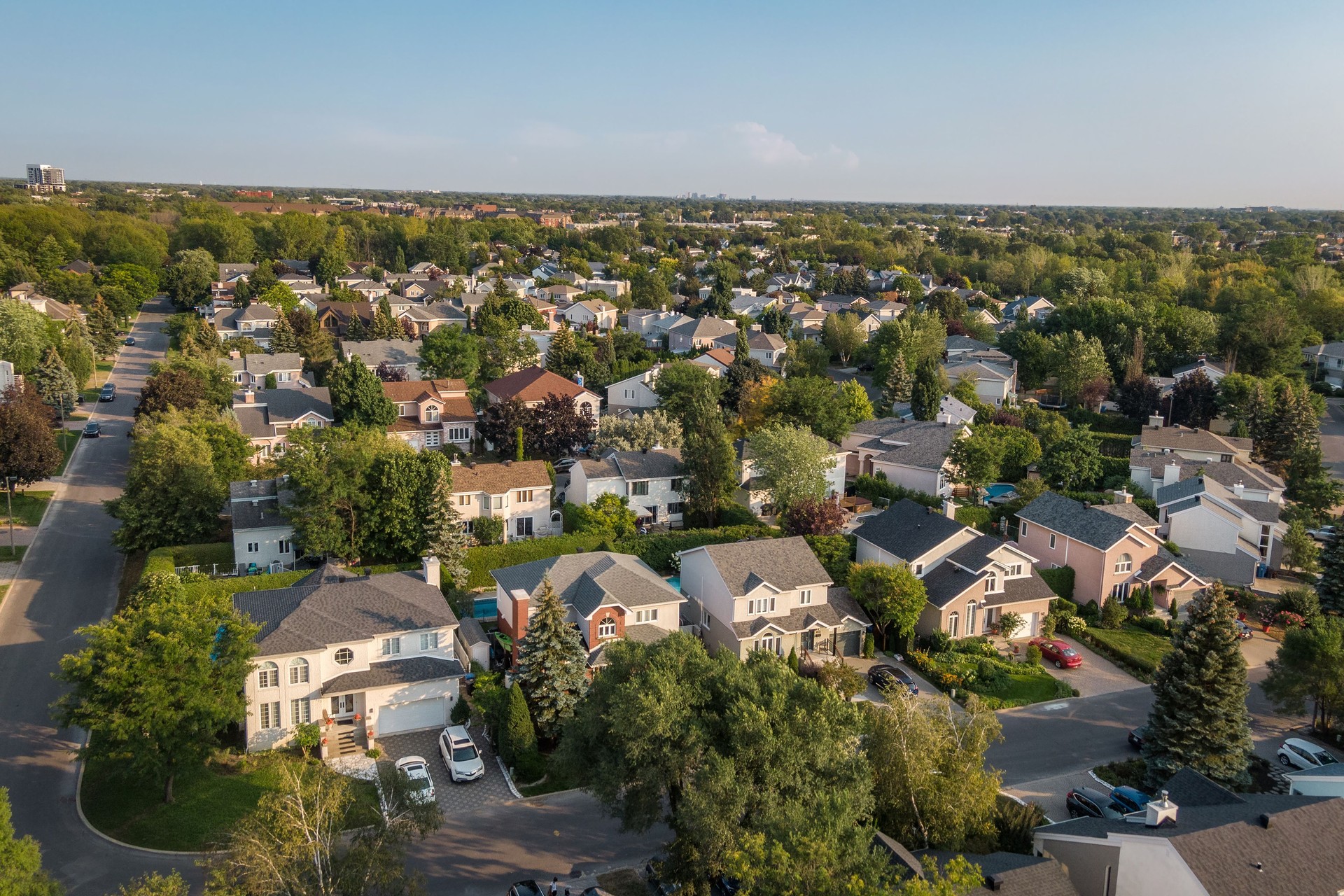 Aerial View of Houses and Streets in Beautiful Residential Neighbourhood, Property, Housing and Real Estate Concept, Montreal, Quebec, Canada