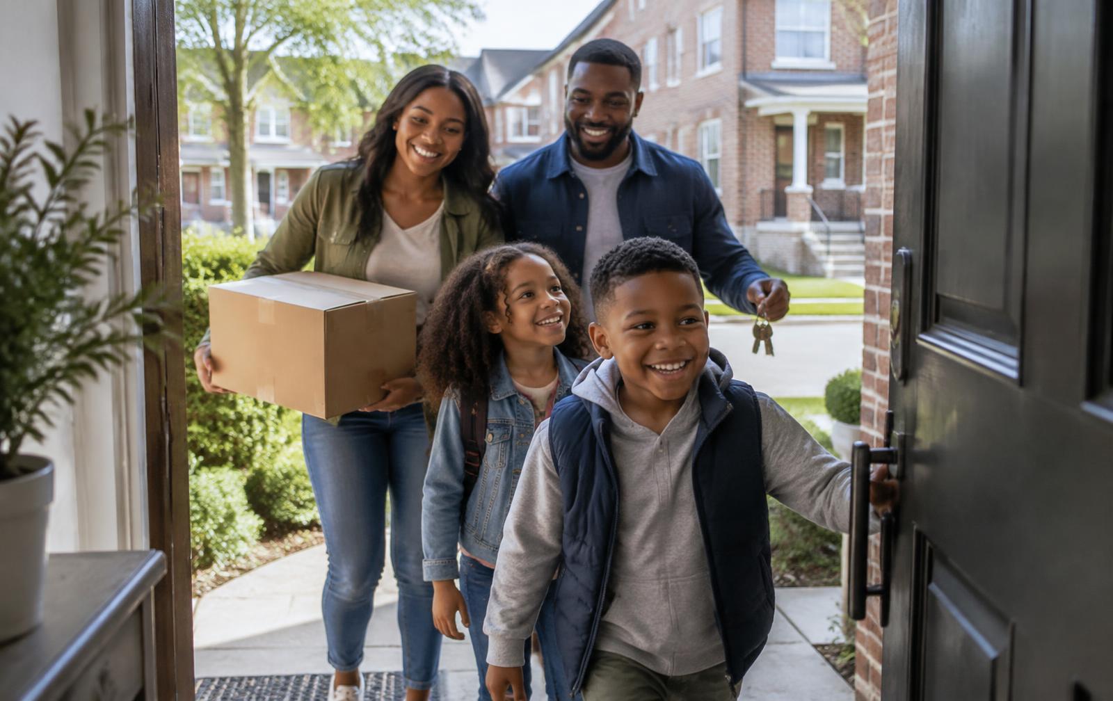 A happy family entering their new home